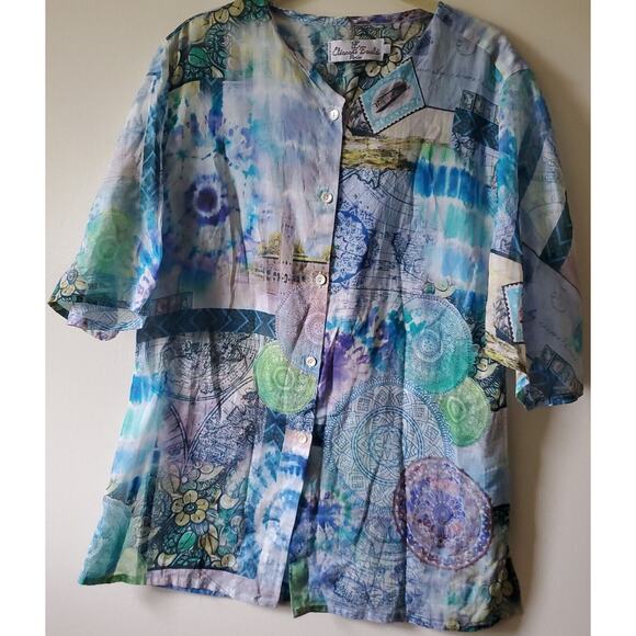 Eleanore Emaldi Paris Blouse Size S / M Cotton Made In Italy Watercolor Mandalas - Picture 1 of 16